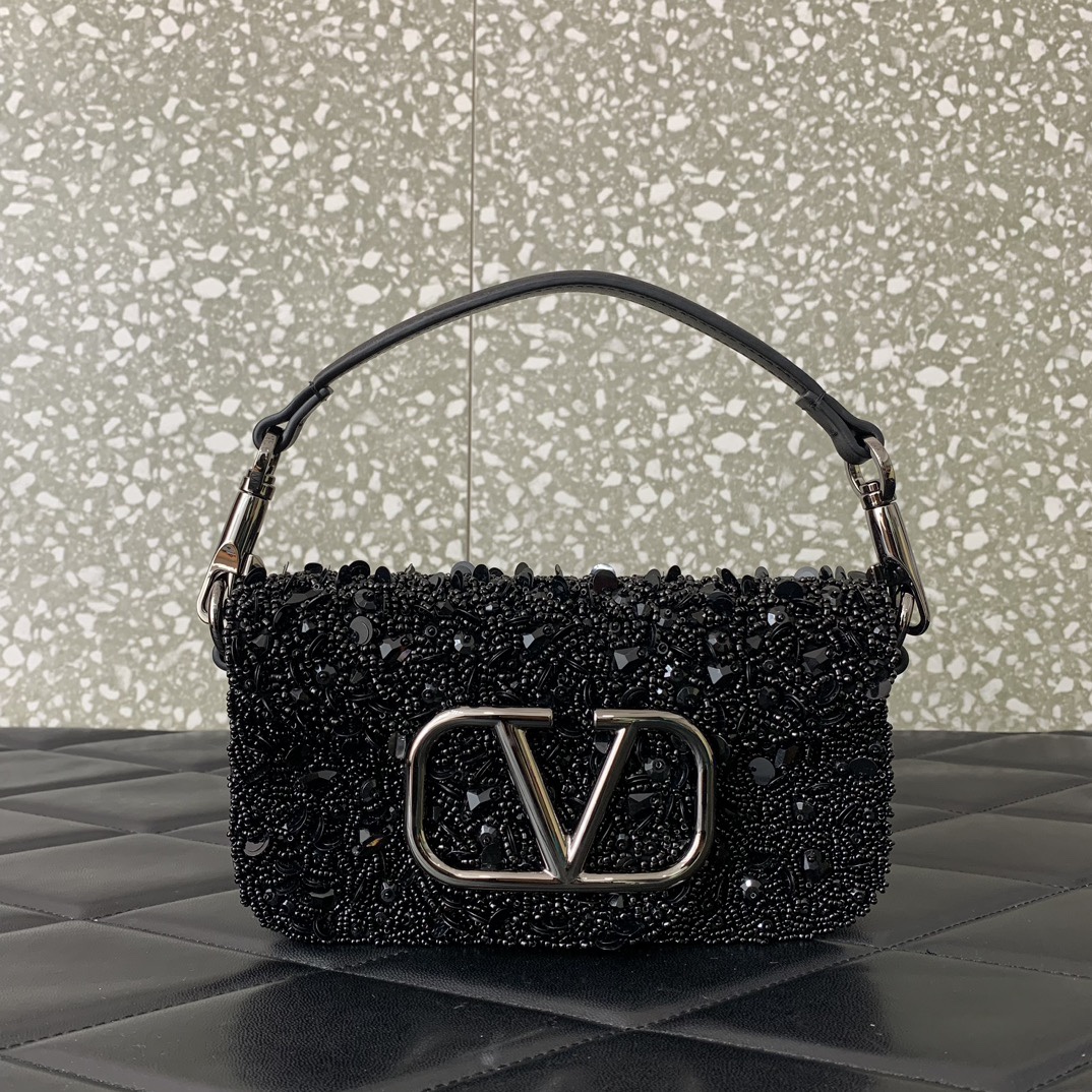 Valentino Garavani Loco Small Embroidered Shoulder Bag with Black Beaded Fringes